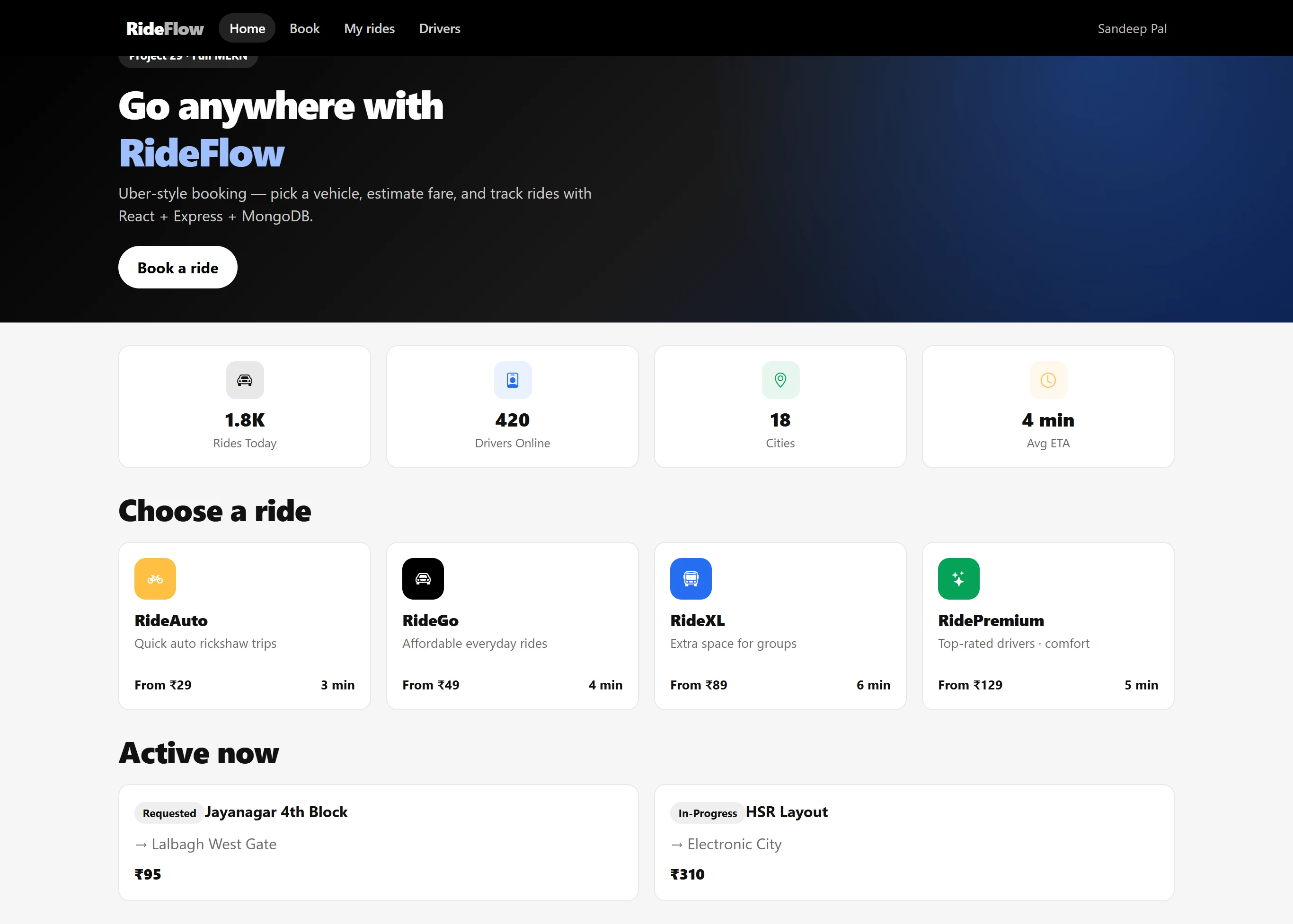 Uber Clone — Full MERN (React + Express + MongoDB)