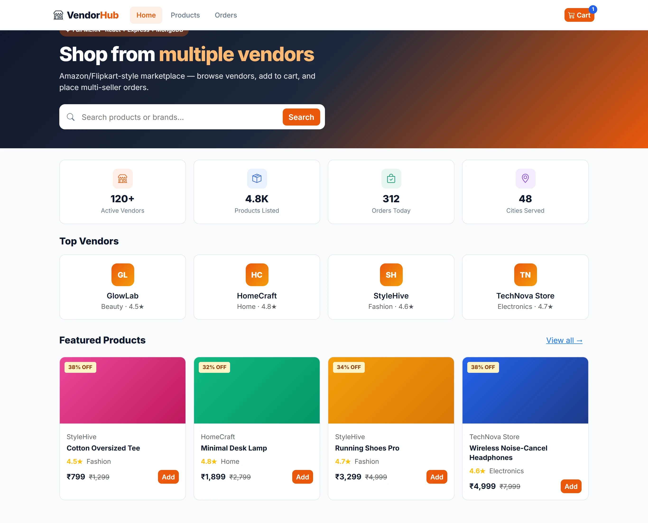 Multi-Vendor Marketplace — Full MERN (React + Express + MongoDB)